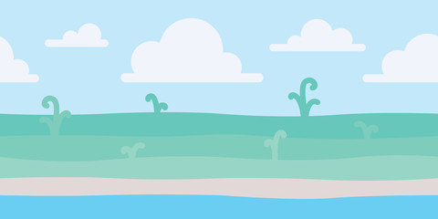 Soft nature landscape with blue sky, shore and some green plants. Coastal scenery. Seaside. Vector illustration in simple minimalistic flat style. Scene for your artwork and design. Horizontal.