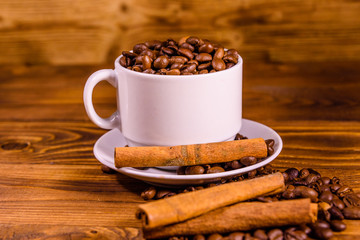 White cup filled with coffee beans and cinnamon sticks on wooden table