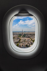 Paris France in airplane window