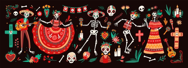 Collection of traditional Day of The Dead symbols - skeletons dressed in folk Mexican costumes playing guitar, maracas or dancing, calaveras or skulls, cross and candles. Holiday vector illustration.