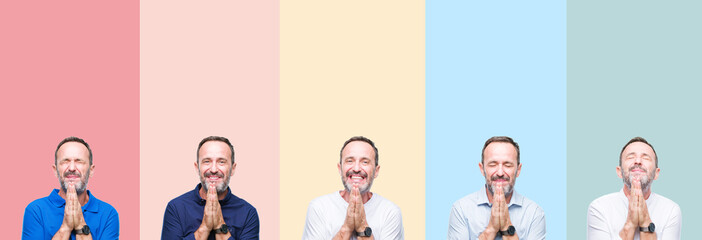 Collage of senior hoary handsome man over colorful stripes isolated background praying with hands together asking for forgiveness smiling confident.