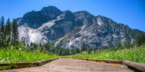 Wooden path with view of mountain in Yosemite CA