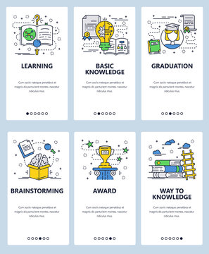Vector web site linear art onboarding screens template. Education and thinking out of the box. Learning, readng books and getting new knowledge. Menu banners for website and mobile app development