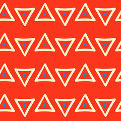 Yellow triangles with blue dots inside on a red background. Geometric seamless pattern