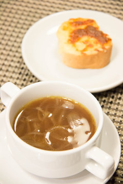  French onion soup, with cheesy croutons.