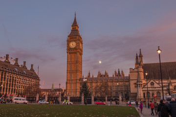 Fototapeta na wymiar Big Ben Tower And Houses Of Parliament At Sunset In London, England.