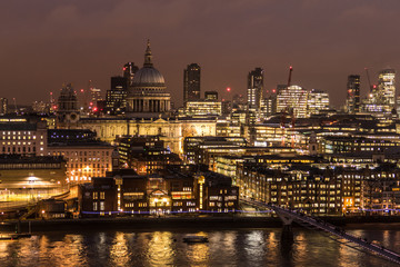 Business Center Cityscape With View Of River Thames In London, UK At Night.