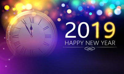 Obraz na płótnie Canvas Happy New Year 2019 blurred shiny banner with clock.