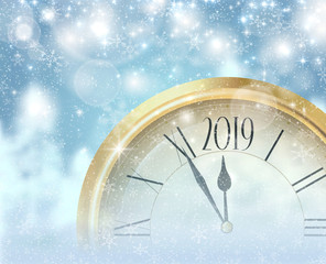 Fototapeta na wymiar Blue shiny 2019 Christmas and New Year background with golden clock.