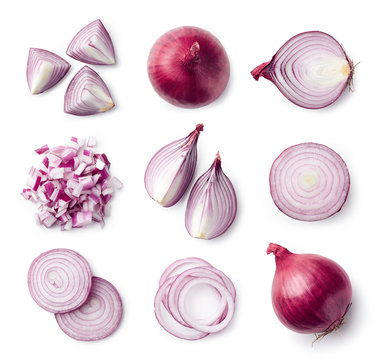 Set of whole and sliced red onions