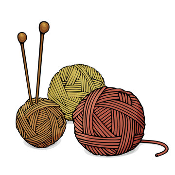 Balls of different colors of wool for knitting and knitting needles. Colorful vector illustration in sketch style.