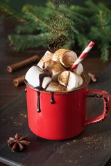 Crédence de cuisine en verre imprimé Chocolat Mug of hot chocolate and cacao with marshmallows with christmas tree branches on wooden board. Xmas holiday.