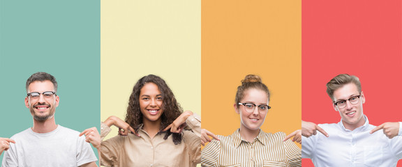 Collage of a group of people isolated over colorful background looking confident with smile on face, pointing oneself with fingers proud and happy.