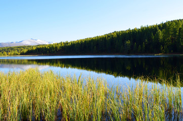 Altai. Mountain lake Кidely, views of the Kurai ridge
