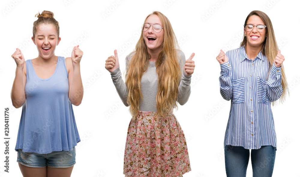 Poster Collage of group of blonde women over isolated background excited for success with arms raised celebrating victory smiling. Winner concept.