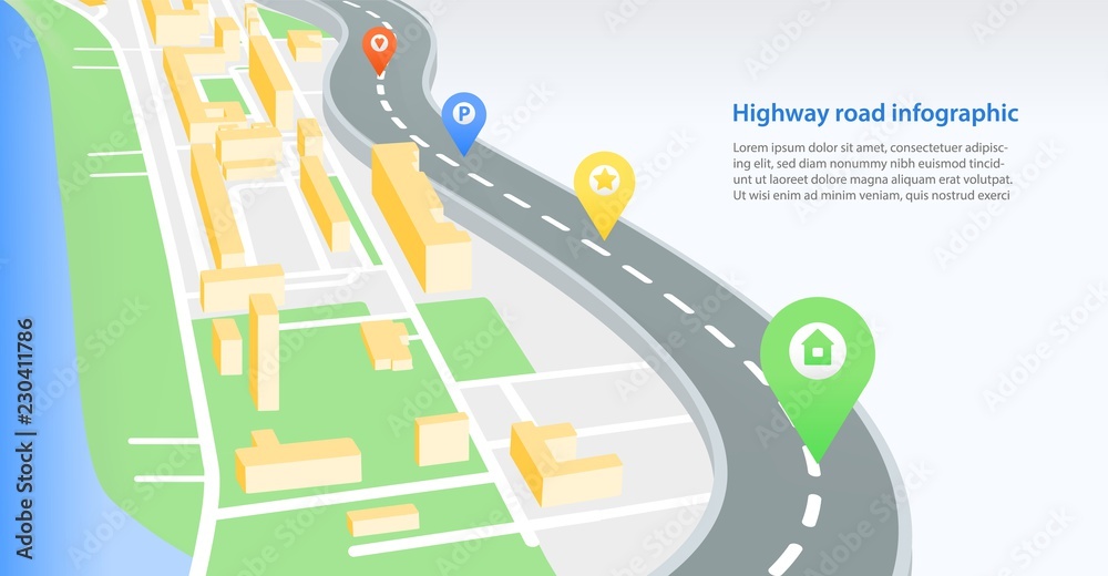 Aufkleber Colorful horizontal banner template with highway or road crossing city with map pins or location marks on it and place for text. Modern vector illustration for navigation service advertisement.