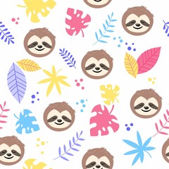 Vector seamless pattern with cute sloth face and colorful tropical leaves © Iryna