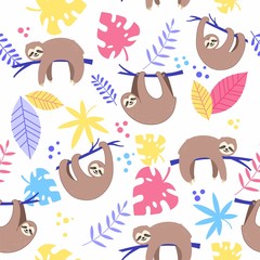 Vector seamless pattern with cute sloth  and colorful tropical leaves © Iryna