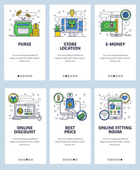 Vector web site linear art onboarding screens template. Online shopping, clothes store sales and price discount. Online fitting room. Menu banners for website and mobile app development. Modern design