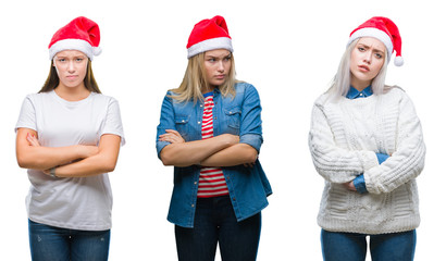 Collage of group of young women wearing christmas hat over isolated background skeptic and nervous, disapproving expression on face with crossed arms. Negative person.