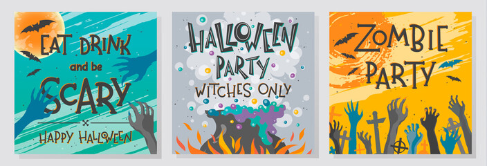 Collection of Halloween greetings with lettering,witch cauldron,zombie hands,cemetery,moon and bats.Perfect for prints,party flyers,cards,promos,invitations and more.Vector Halloween illustrations.
