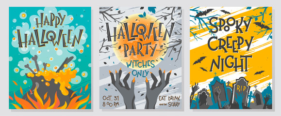 Collection of Halloween greetings with lettering,witch cauldron,zombie hands,cemetery,full moon and bats.Perfect for prints,party flyers,cards,promos,holiday invitations and more.