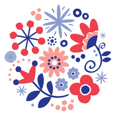 Folk art vector floral greeting card design, round pattern with flowers Scandinavian, hand drawn style in red and navy blue
 