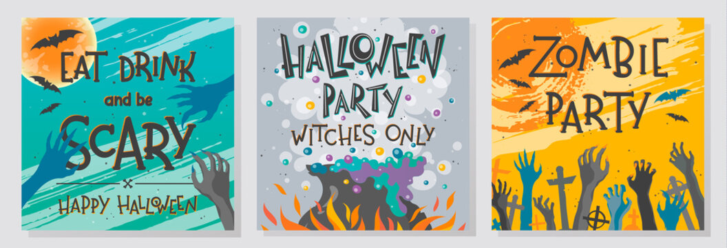 Collection of Halloween greetings with lettering,witch cauldron,zombie hands,cemetery,moon and bats.Perfect for prints,party flyers,cards,promos,invitations and more.Vector Halloween illustrations.