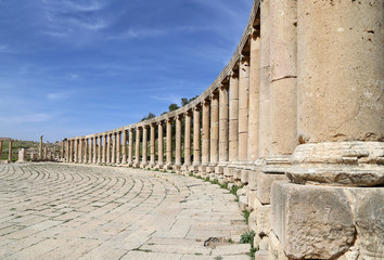 Forum (Oval Plaza)  in Jerash, Jordan.  Forum is an asymmetric plaza at the beginning of the...