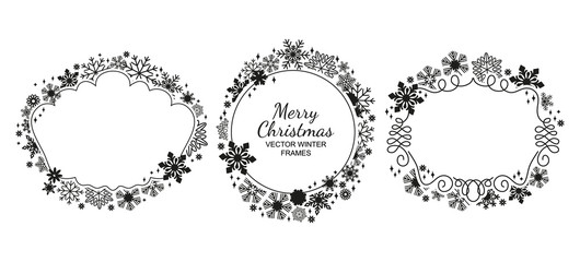 Black-white snowflake frame collection, Christmas design set. Vector illustration, merry xmas flake framework