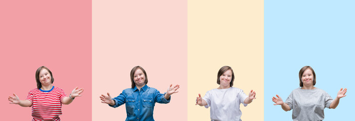 Collage of down syndrome woman over colorful stripes isolated background looking at the camera smiling with open arms for hug. Cheerful expression embracing happiness.