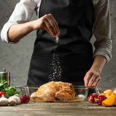 chef sprinkles frozen salt, chicken with fruit close up, background for recipe book, menu, instagram © Anton
