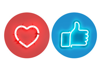 Heart and thumbs up neon signs, vector illustration