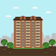 Modern city apartment building flat vector illustration. Building skyscraper apartment, urban home residential illustration.