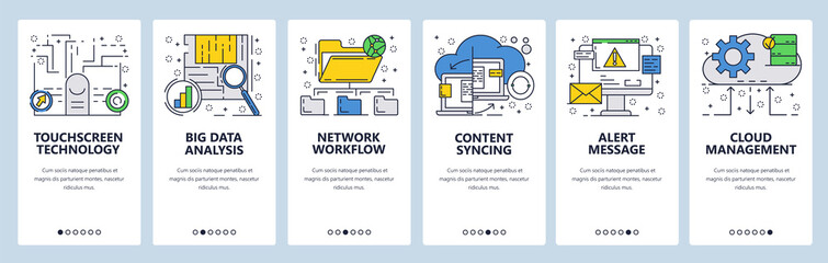 Vector web site linear art onboarding screens template. Online cloud services, touchscreen and syncing technologies and big data analysis. Menu banners for website and mobile app development. Modern