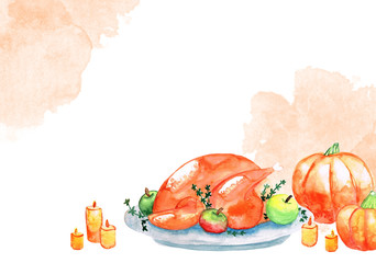 watercolor thanksgiving card with turkey and pumpkins - 230413989
