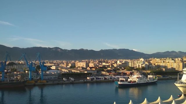 Seaport, ferry and city. Palermo, Italy