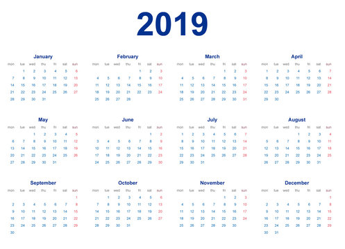 Calendario 2019 en Inglés