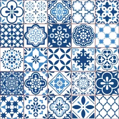 Stof per meter Lissabon geometrische Azulejo tegel vector patroon, Portugese of Spaanse retro oude tegels mozaïek, mediterrane naadloze marineblauw ontwerp © redkoala
