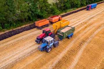 A photo of a drones above the wheat field during the harvest of wheat. Combine harvesters work on the field