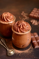 Chocolate mousse in a glass jar.