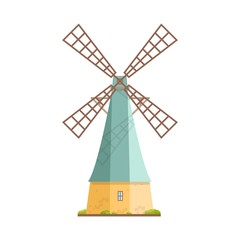 Fototapeta premium Old windmill isolated on white background. Dutch smock or tower mill. Agricultural construction with rotating mechanism. Countryside building. Colorful vector illustration in flat cartoon style.