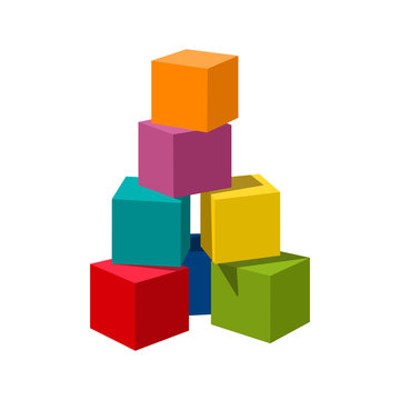 Bright colored bricks building tower. Block vector illustration on white background. Blank cubes for your own design.