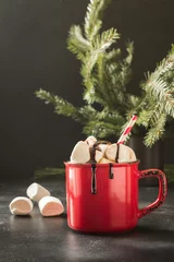 Behang Chocolade Mug of hot chocolate and cacao with marshmallows with christmas tree branches on black board. Xmas holiday.
