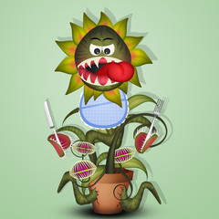 illustration of carnivorous plant with cutlery and bib