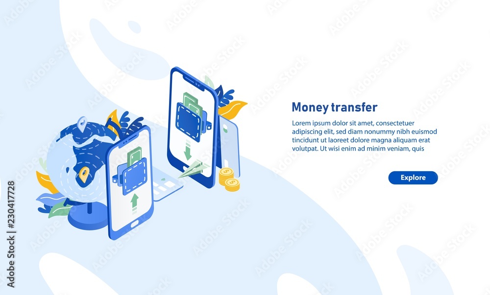 Poster horizontal web banner template with pair of smartphones, globe, flying paper plane and place for tex