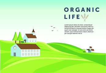 Fototapeta premium Summer landscape from farm, hills, organic life and spike text frame