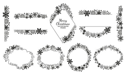 Snowflake frame set, black-white, Christmas design collection. Vector illustration, merry xmas flake framework