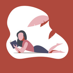 Illustration relaxing girl, lying and reading book near palms