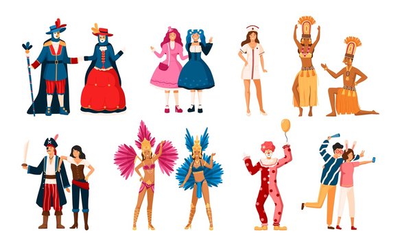 Collection of smiling men and women dressed in various festive costumes for holiday masquerade, Venetian or Brazilian carnival, home theme party. Colorful vector illustration in flat cartoon style.